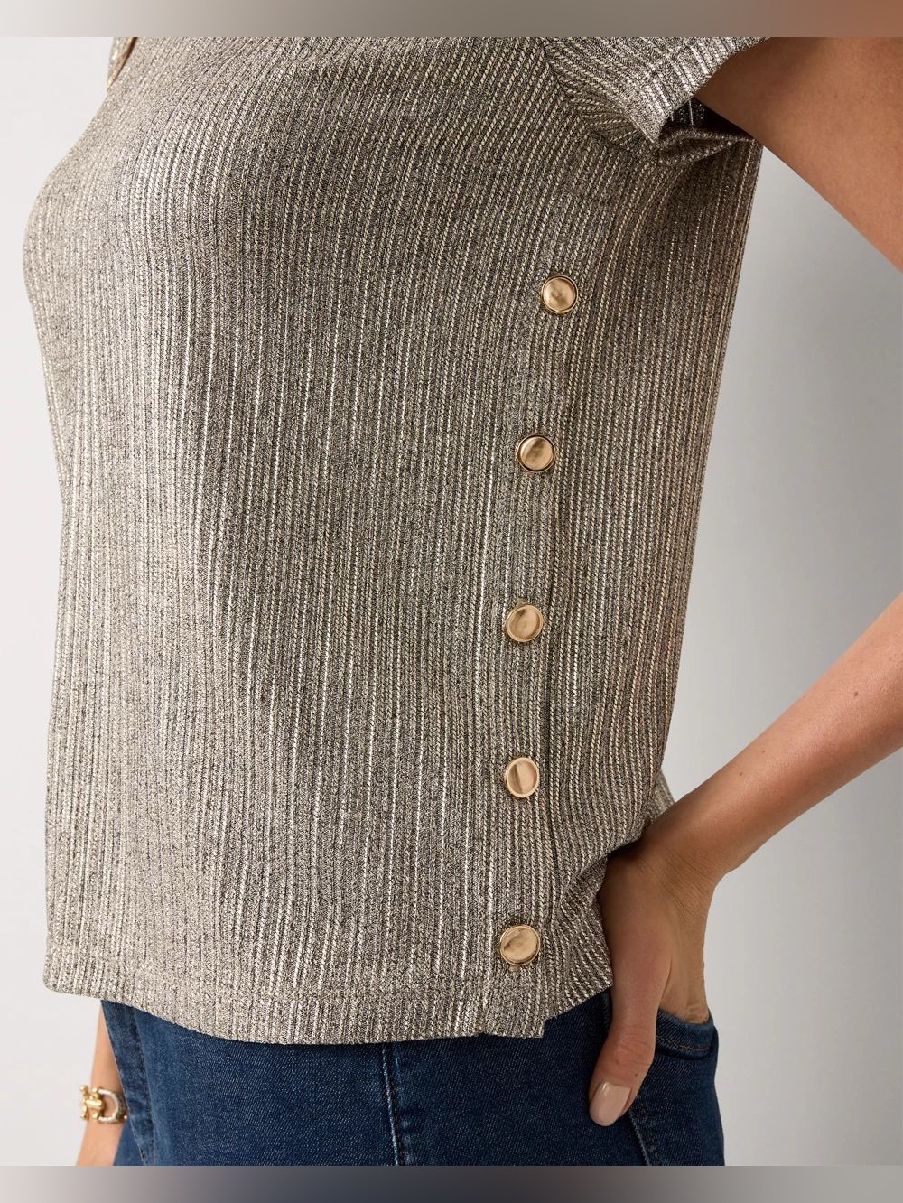 NWT WHBM Gold Shimmery Side Button Tee
